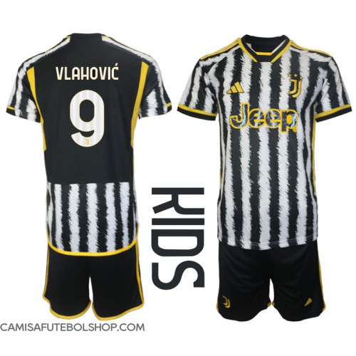 Camisa de time de futebol Juventus Dusan Vlahovic #9 Replicas 1º Equipamento Infantil 2023-24 Manga Curta (+ Calças curtas)